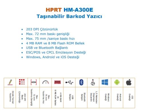 HPRT HM-A300E MOBİL USB BLUETOOTH 80MM TAŞINABİLİR MAC VE ANDROİD UYUMLU FİŞ BARKOD YAZICI